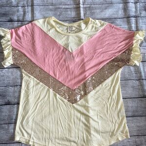 New Grace & Emma Pink and Gold Chevron Ruffle Sleeve Top